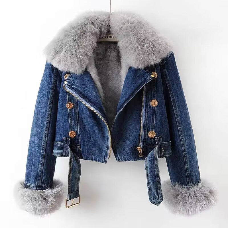 Manteau en jean avec doublure amovible en fourrure de renard et de lapin