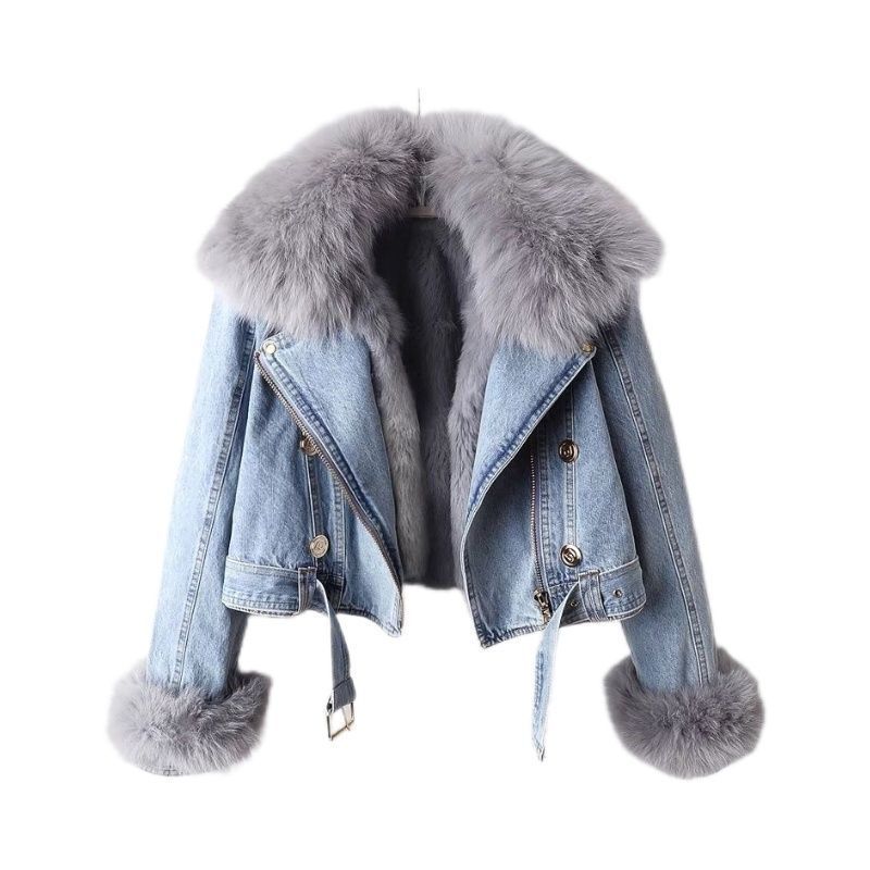 Manteau en jean avec doublure amovible en fourrure de renard et de lapin