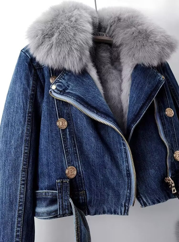 Manteau en jean avec doublure amovible en fourrure de renard et de lapin