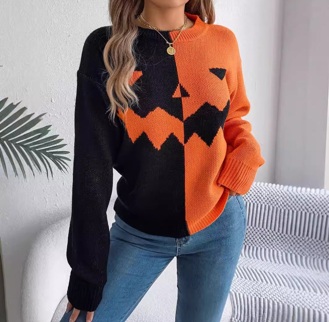 Pull tricoté à manches longues , pull d'halloween de couleur contrastée - Fashion Shop Company