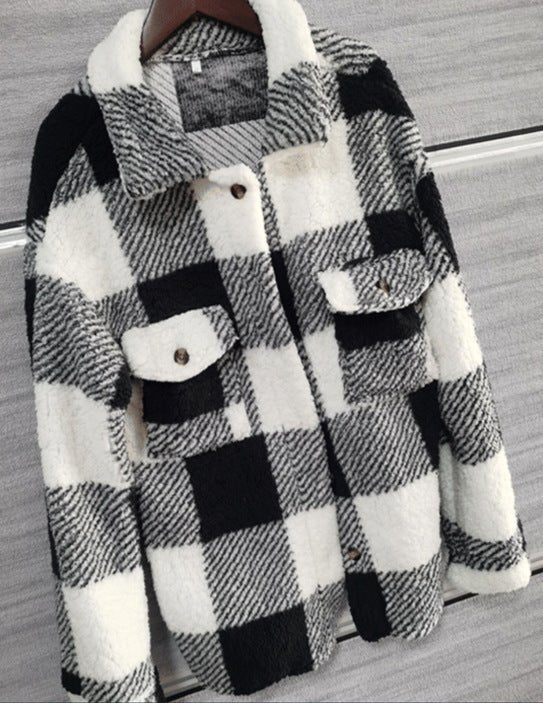 Autumn And Winter Long Sleeve Double Pocket Plaid Furry Coat Women - Fashion Shop Company