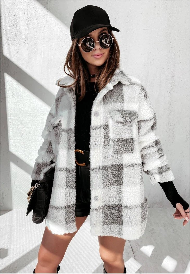 Autumn And Winter Long Sleeve Double Pocket Plaid Furry Coat Women - Fashion Shop Company