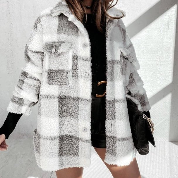 Autumn And Winter Long Sleeve Double Pocket Plaid Furry Coat Women - Fashion Shop Company