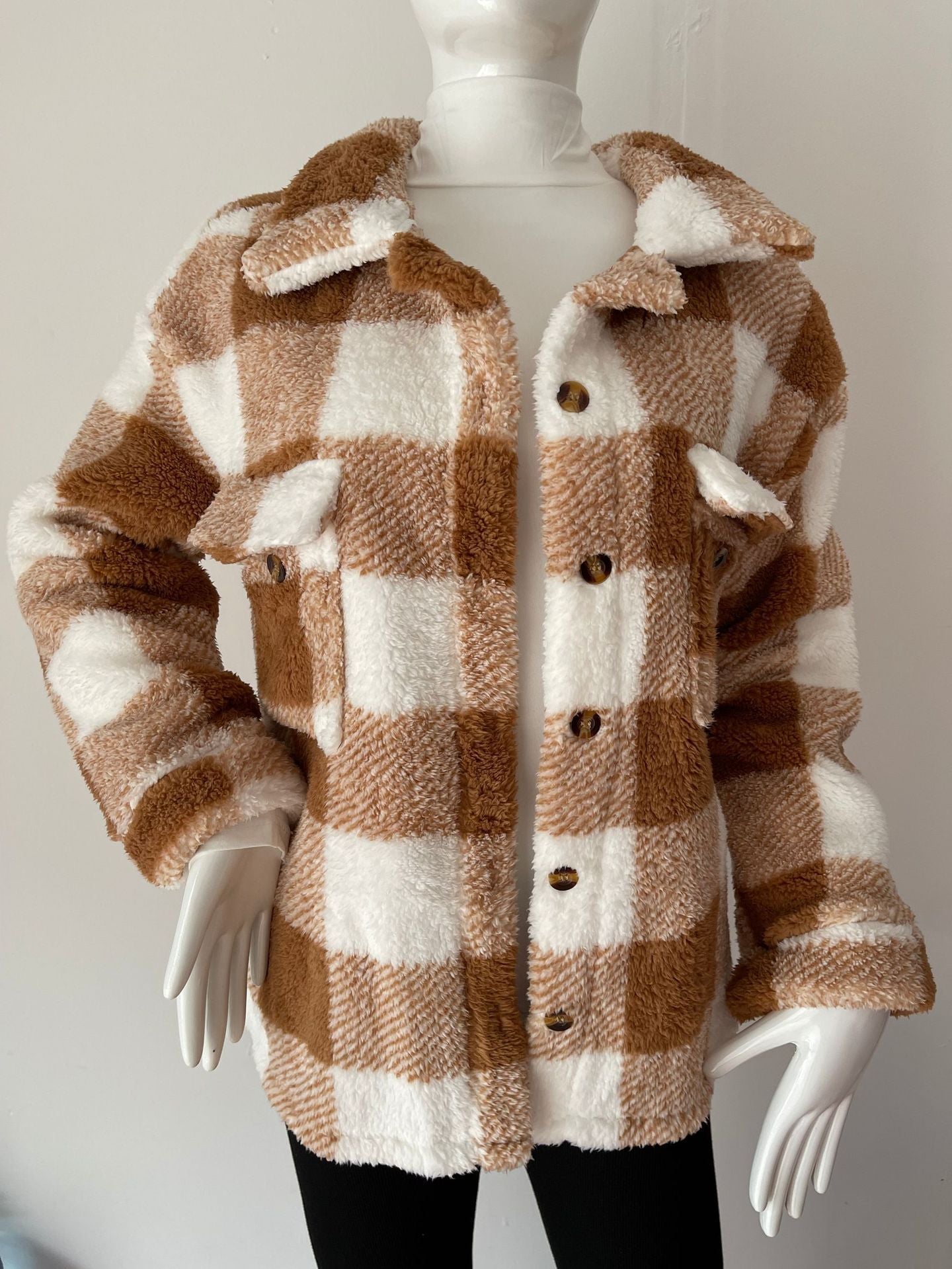 Autumn And Winter Long Sleeve Double Pocket Plaid Furry Coat Women - Fashion Shop Company