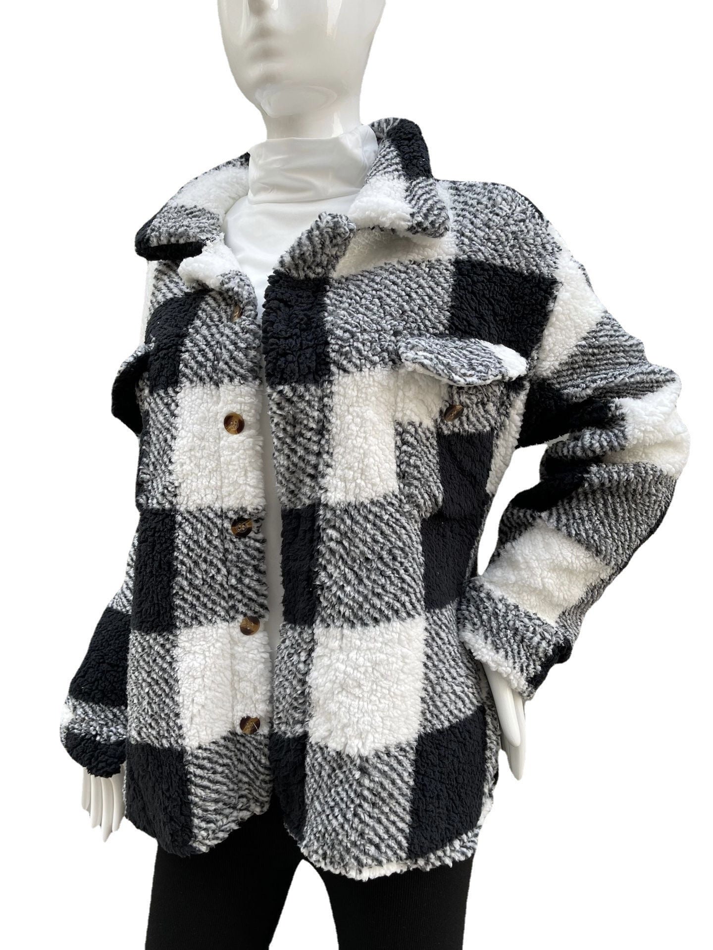 Autumn And Winter Long Sleeve Double Pocket Plaid Furry Coat Women - Fashion Shop Company