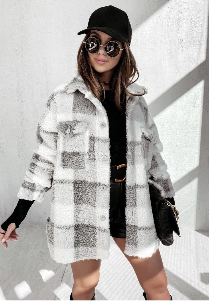 Autumn And Winter Long Sleeve Double Pocket Plaid Furry Coat Women - Fashion Shop Company