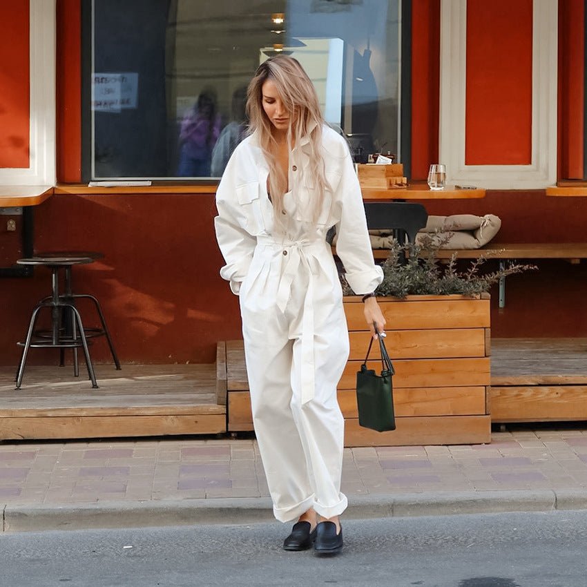 Combinaison décontractée à manches longues et col polo, avec bas de jambes larges - Fashion Shop Company