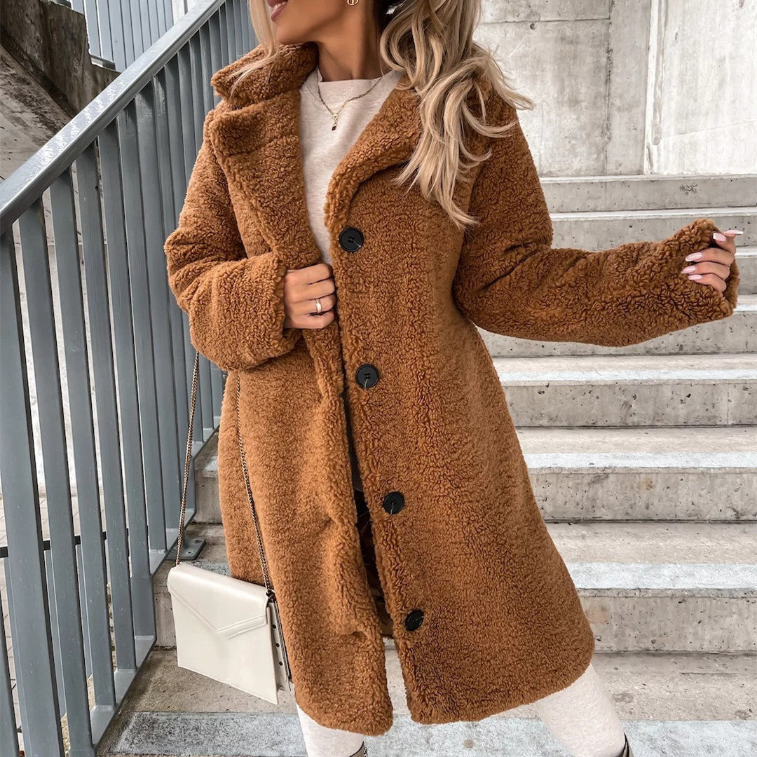 Veste chaude en peluche pour femme avec fermeture boutonné